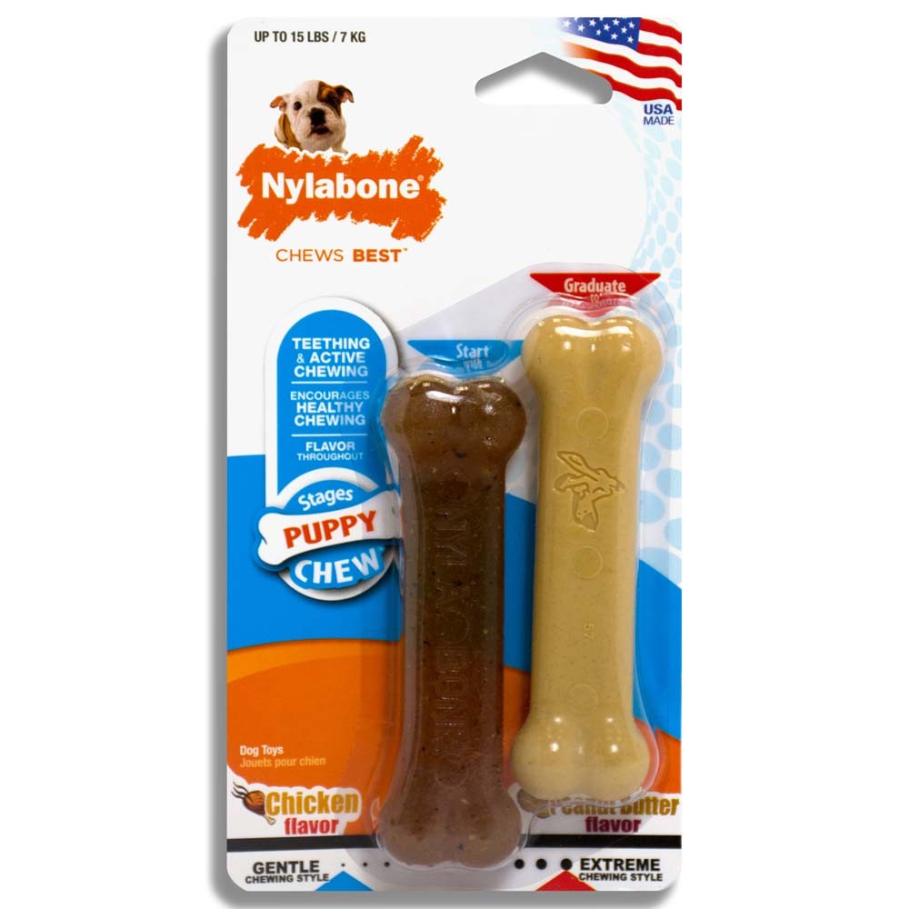 Nylabone Classic Puppy Chew Flavored Durable Dog Chew Toy Classic Bone Twin Pack Chicken & Peanut Butter Brown 1ea/XS/Petite - Up To 15 lb