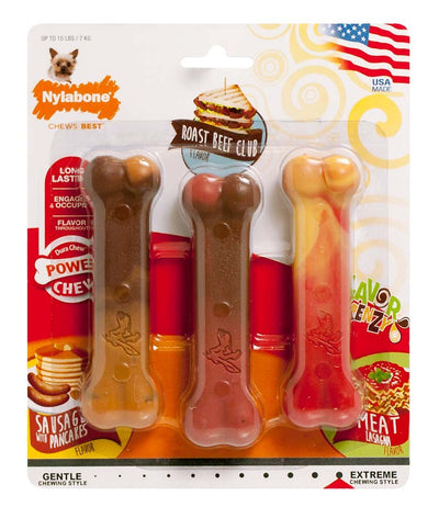 Nylabone Flavor Frenzy Power Chew Triple Pack Pancakes & Sausage, Roast Beef Club, & Lasagna 1ea/XS/Petite - Up To 15 lb