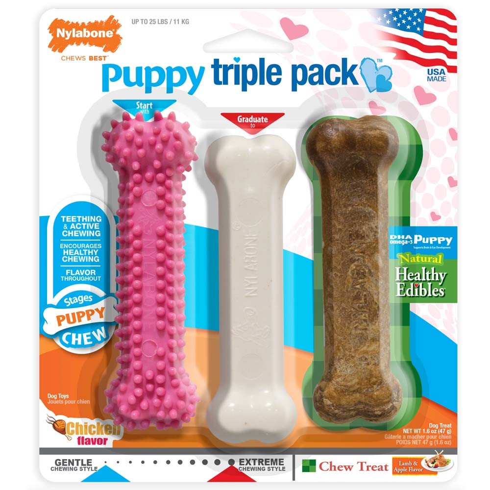 Nylabone Puppy Chew Variety Toy  Treat Triple Pack Chicken  Lamb Starter Kit, SMall/Regular  Up To 25 Ibs.