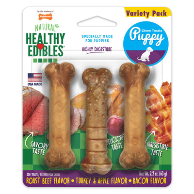 Nylabone Healthy Edibles Puppy Natural Long Lasting Variety Dog Chew Treats Roast Beef, Turkey,  Apple,  Bacon, XS/Petite  Up To 15 Lbs. 3 ct