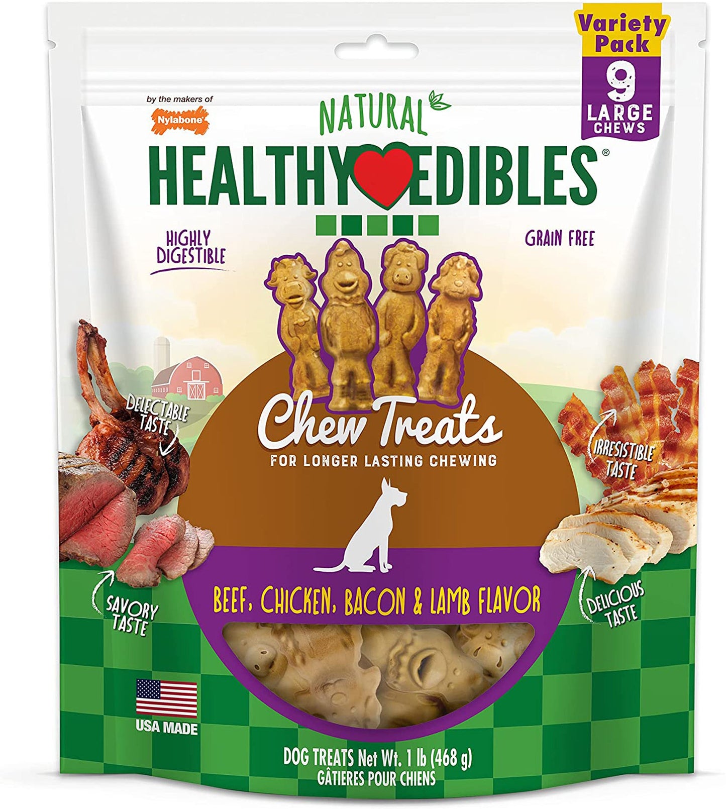 Nylabone Healthy Edibles Farm Friends Grain Free Dog Treats Beef, Chicken, Bacon, & Lamb 1ea/Large/Giant - Up To 50 lb