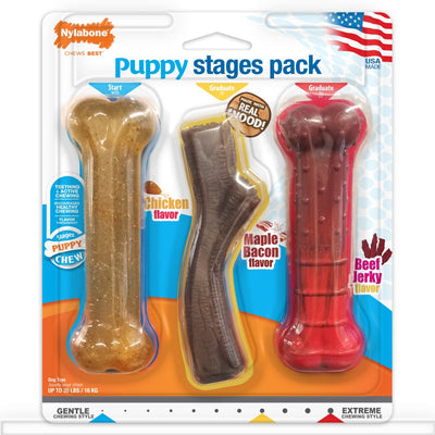 Nylabone Puppy Chew Stages Triple Pack Chewy Toys Puppy Stages Triple Pack Chicken, Bacon, & Beef Jerky 1ea/Medium/Wolf - Up To 35 lb