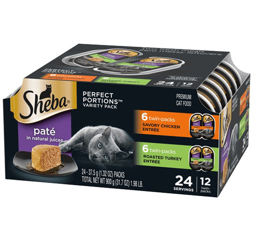 Sheba Perfect Portions Pate Wet Cat Food Variety Pack (Savory Chicken, Roasted Turkey) 2ea/2.6 oz, 12 pk