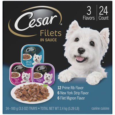 Cesar Filets in Gravy Adult Wet Dog Food Variety Pack (Prime Rib, Filet Mignon, New York Strip) 3.5oz. (Case of 24)
