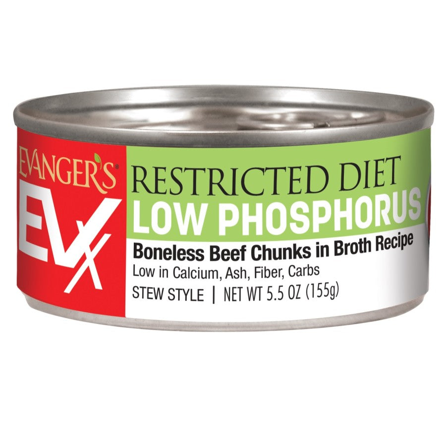 Evanger's EVx Restricted Diet Low Phosphorus Wet Cat Food Boneless Beef Chunks in Broth 24ea/5.5 oz, 24 pk