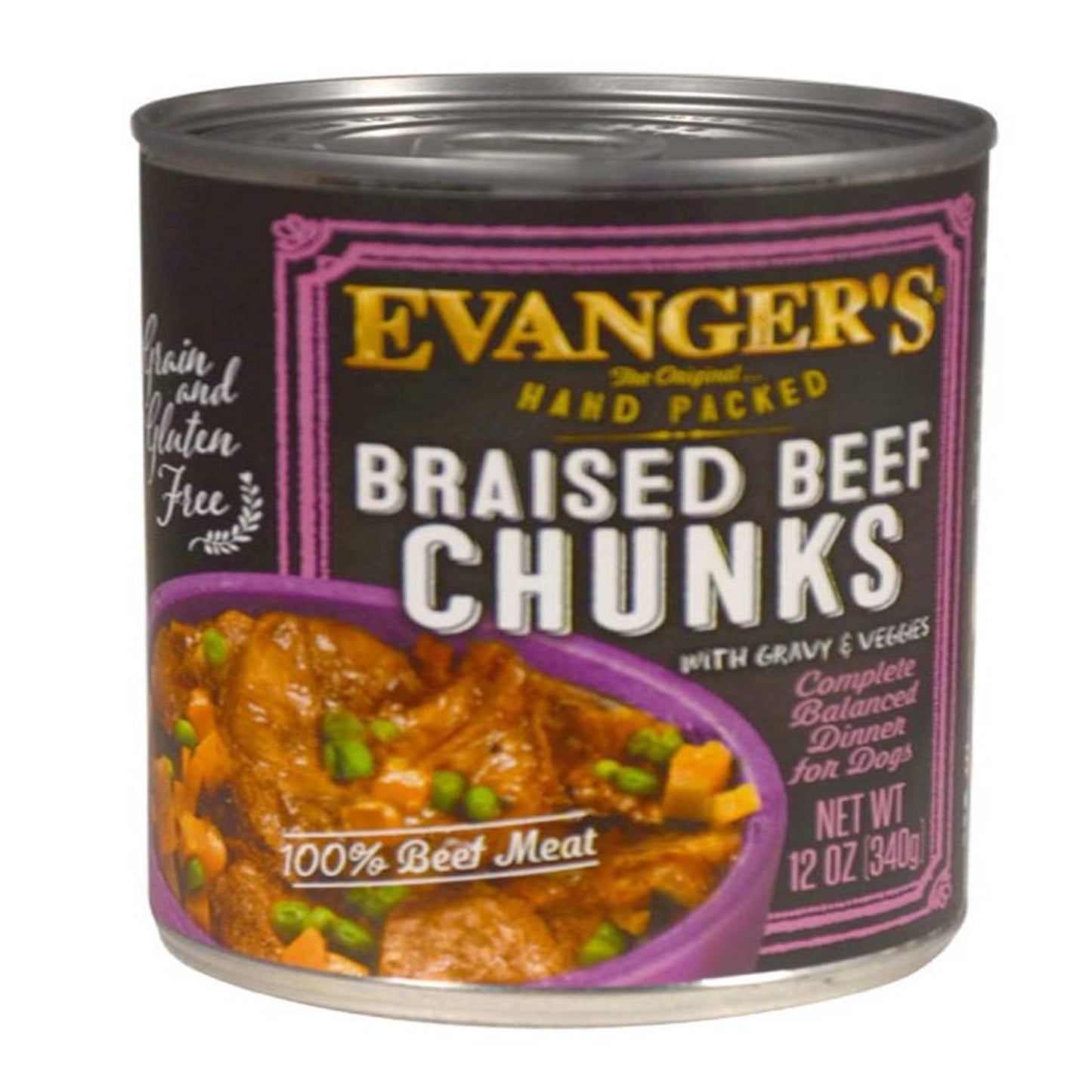 Evanger's Hand Packed Wet Dog Food Braised Beef Chunks w/Gravy 12oz. (Case of 12)