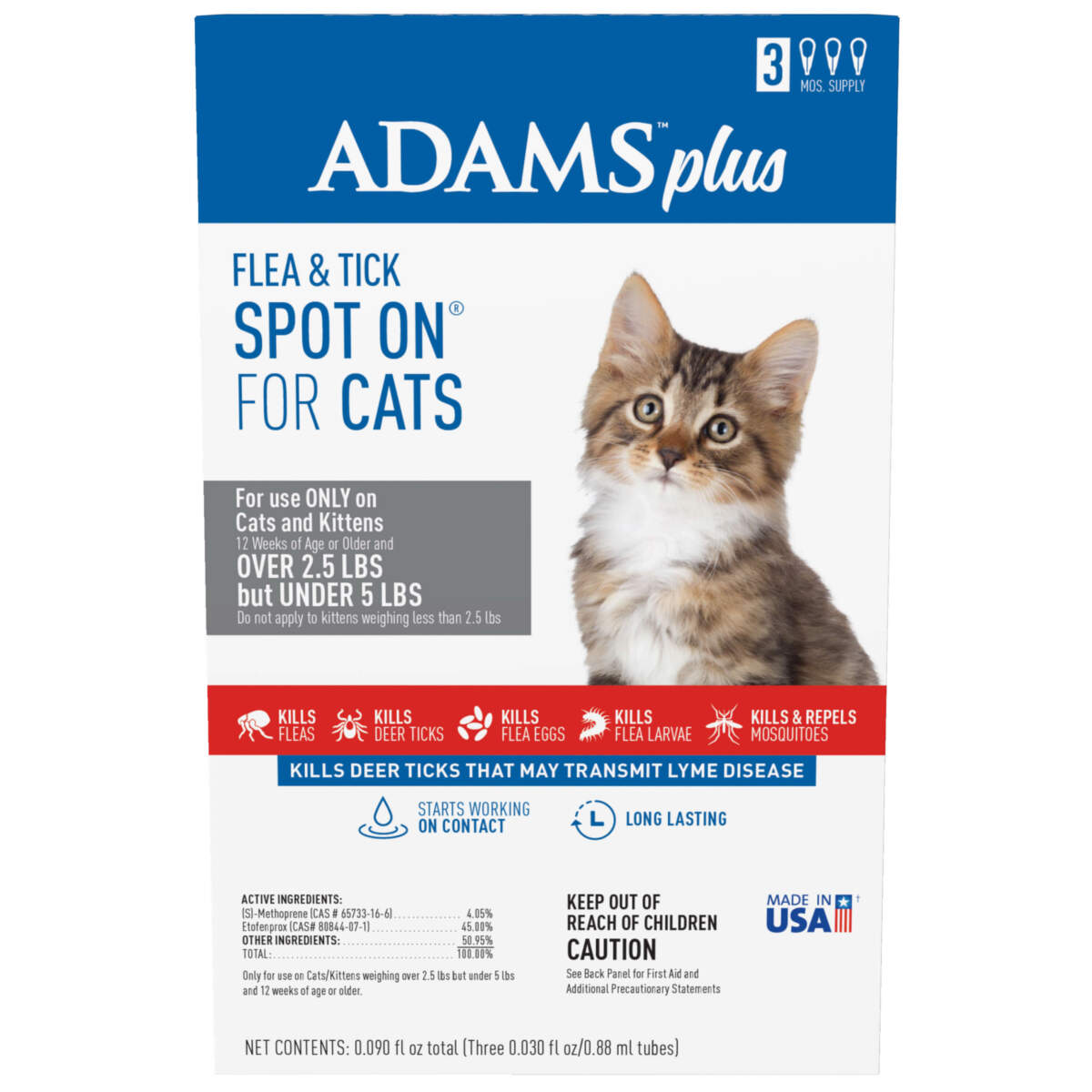 Adams Plus Flea & Tick Spot On for Cats & Kittens 1ea/Over 2.5 Lbs But Under 5 lb
