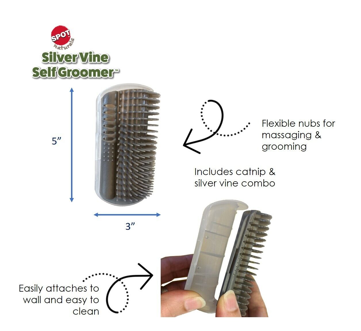 Spot Silver Vine Self Groomer For Cats Grey 5in