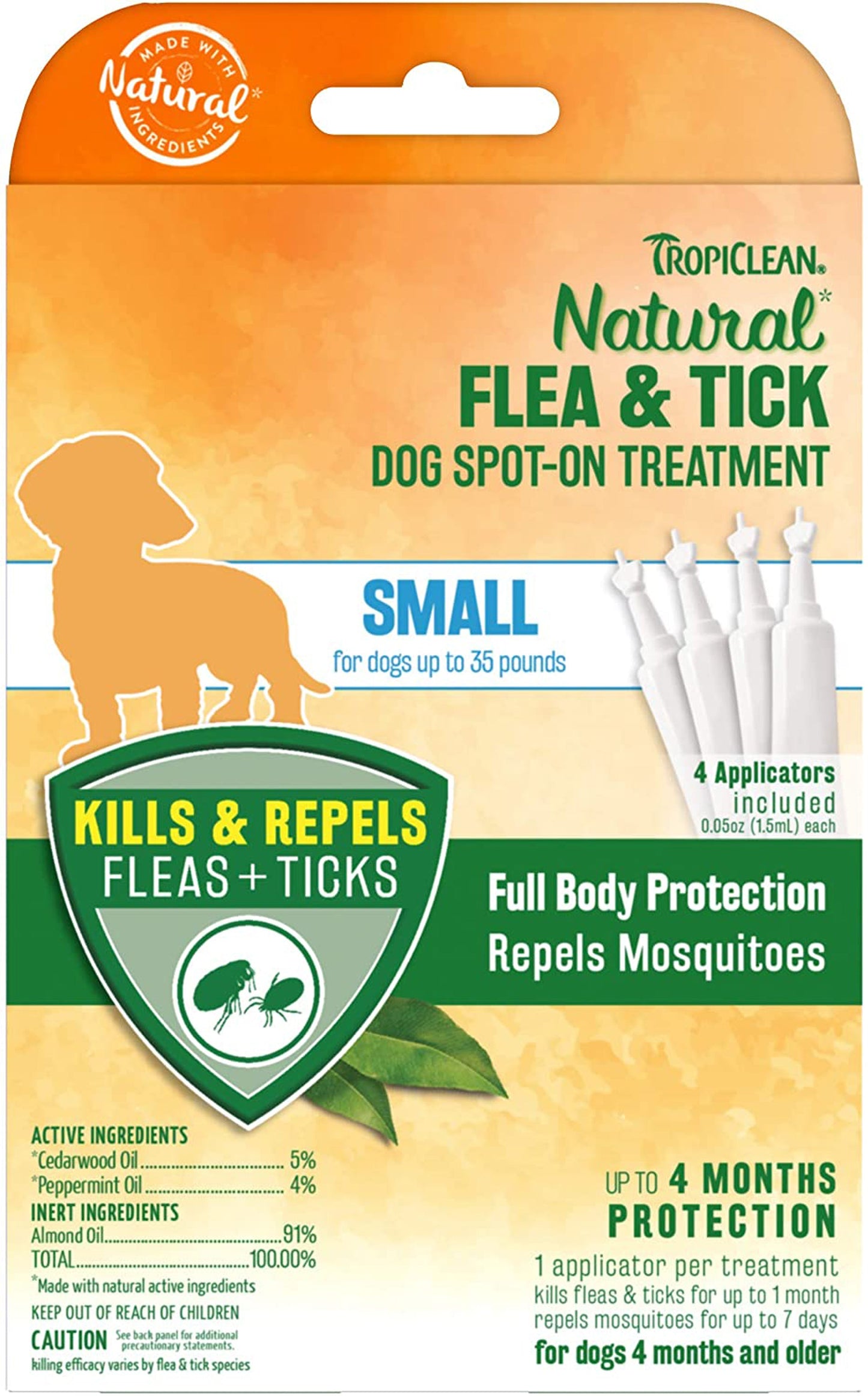 TropiClean Natural Flea & Tick Spot On Treatment for Dogs 3 Applicator 1ea/6Pc, SM