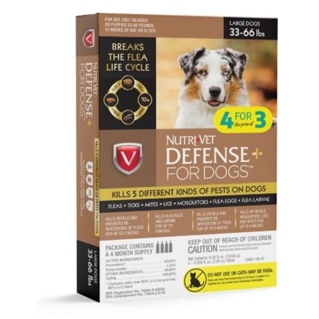 Nutri-Vet Defense+ Flea & Tick for Dog 1ea/LG, 33-66 lb, 4 pk