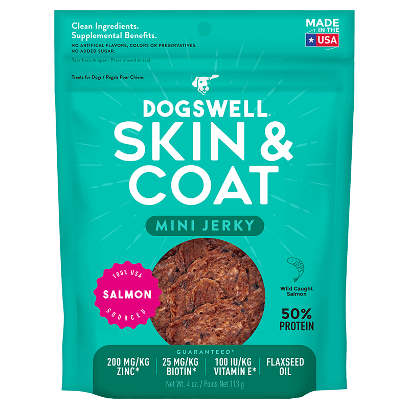 Dogswell Jerky Skin and Coat Mini Grain-Free Salmon 4oz.