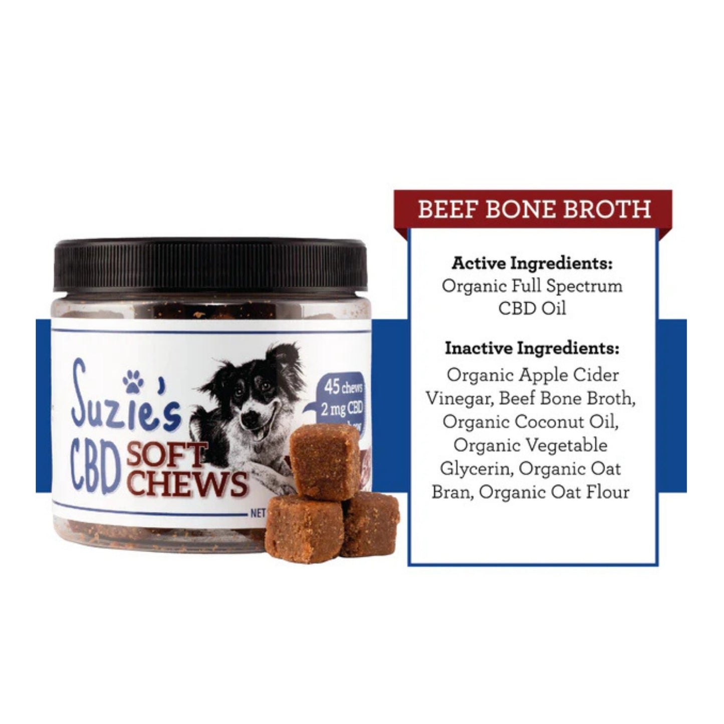 Suzie's CBD Soft Chews For Dogs Beef Bone Broth 7.5oz.-2mg