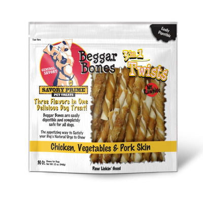 Savory Prime Beggar Bone 3in1 Twists Dog Treat Chicken, Vegetable & Pork, 1ea/30 ct