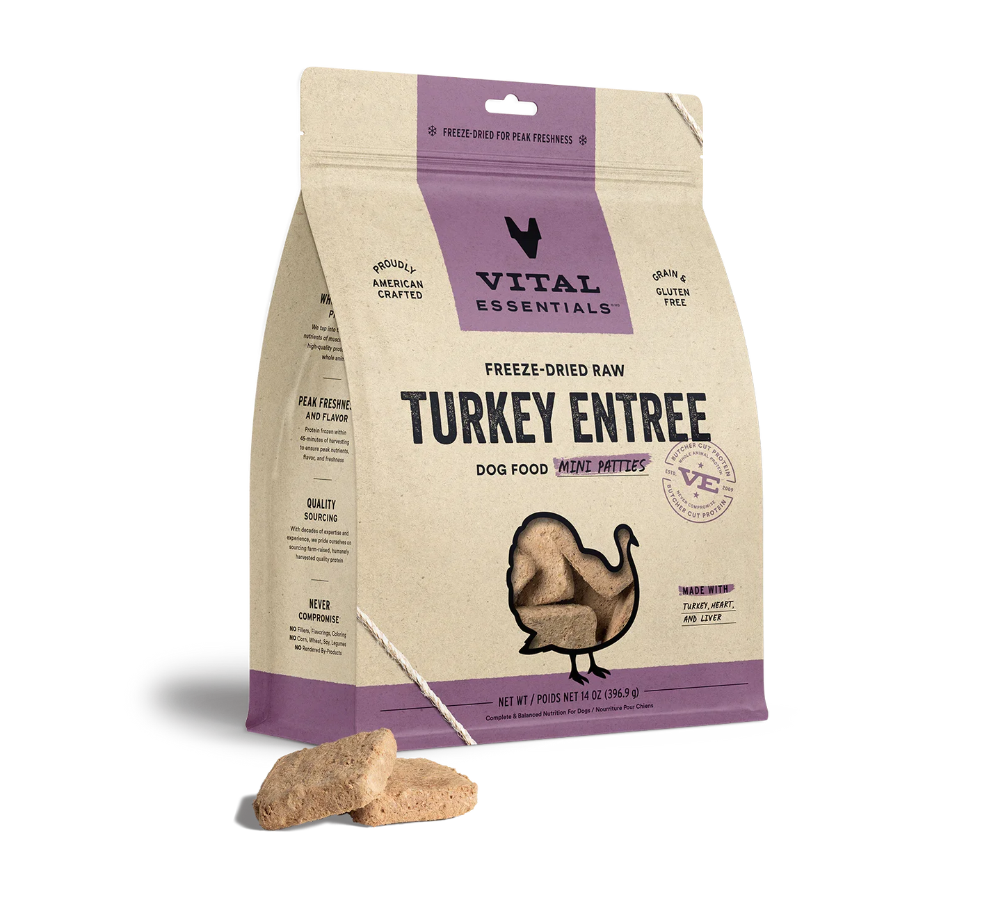 Vital Essentials Dog Freeze-Dried Mini Patties Turkey 14oz.