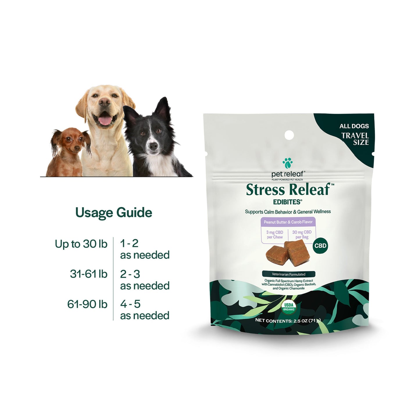 Pet Releaf Stress Edibites Cbd Dog 2.5oz. Peanut Butter Carob 3Mg Travel