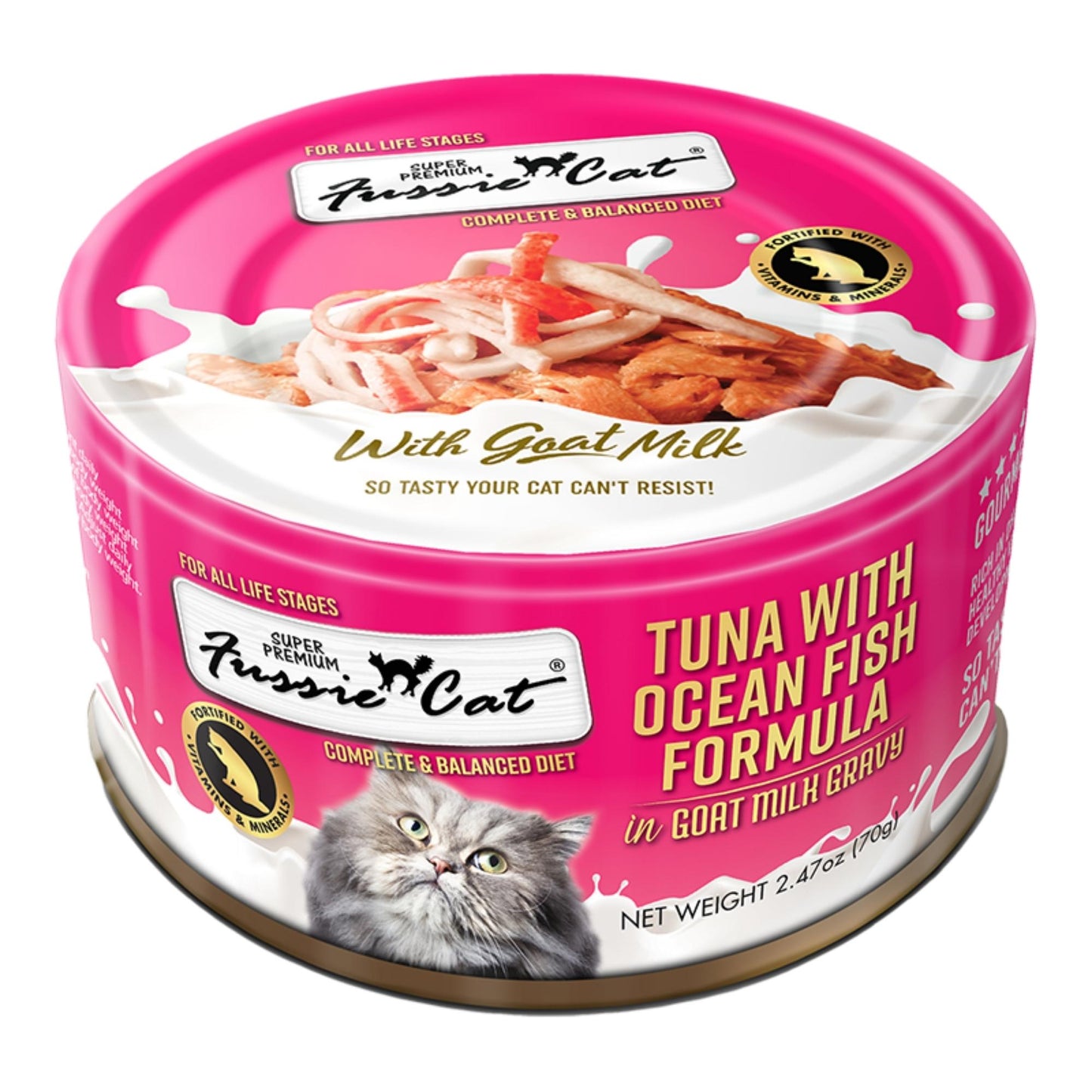 **Fussie Cat Premium Tuna with Oceanfish in Goat milk Gravy 2.47oz. (Case of 24)