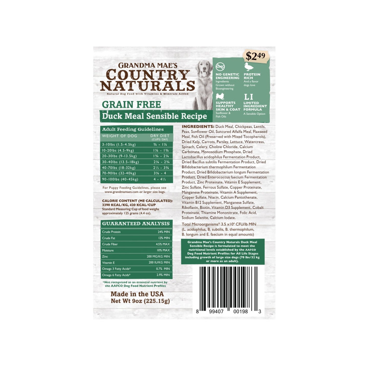 Grandma Mae's Country Naturals Grain Free Dry Dog Food Duck Meal Sensible 18ea/9 oz